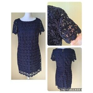Jessica Howard Dress‎ 8 P Navy Blue Crochet Lace Floral Shift Wedding Cocktail